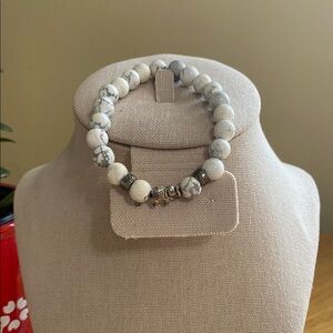 Silver and White Beaded Bracelet with Charm